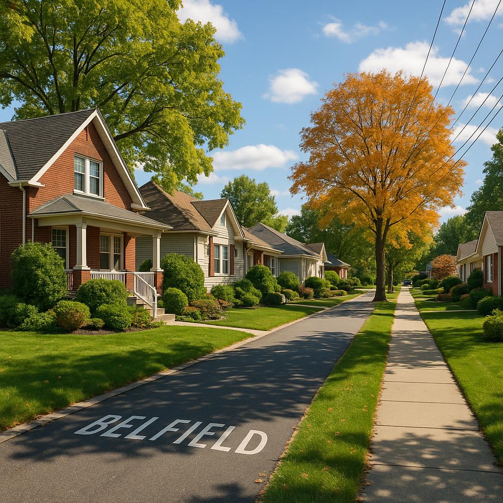 Scenic street view in Belfield with family homes