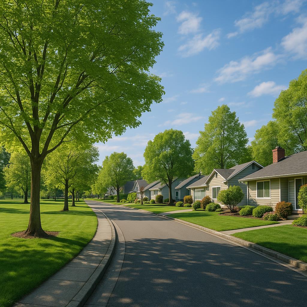 A picturesque street in Bellevue featuring parks and residential homes