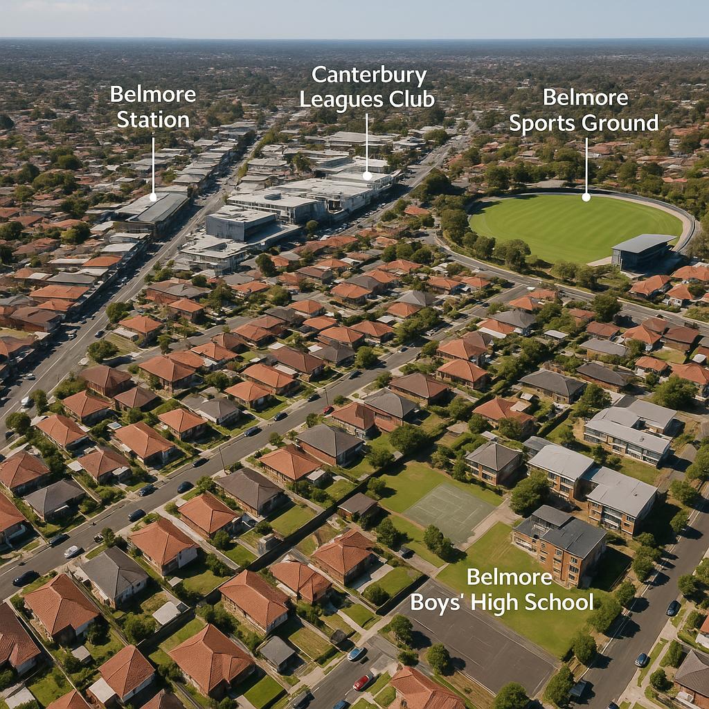 Aerial view of Belmore highlighting its housing and community areas