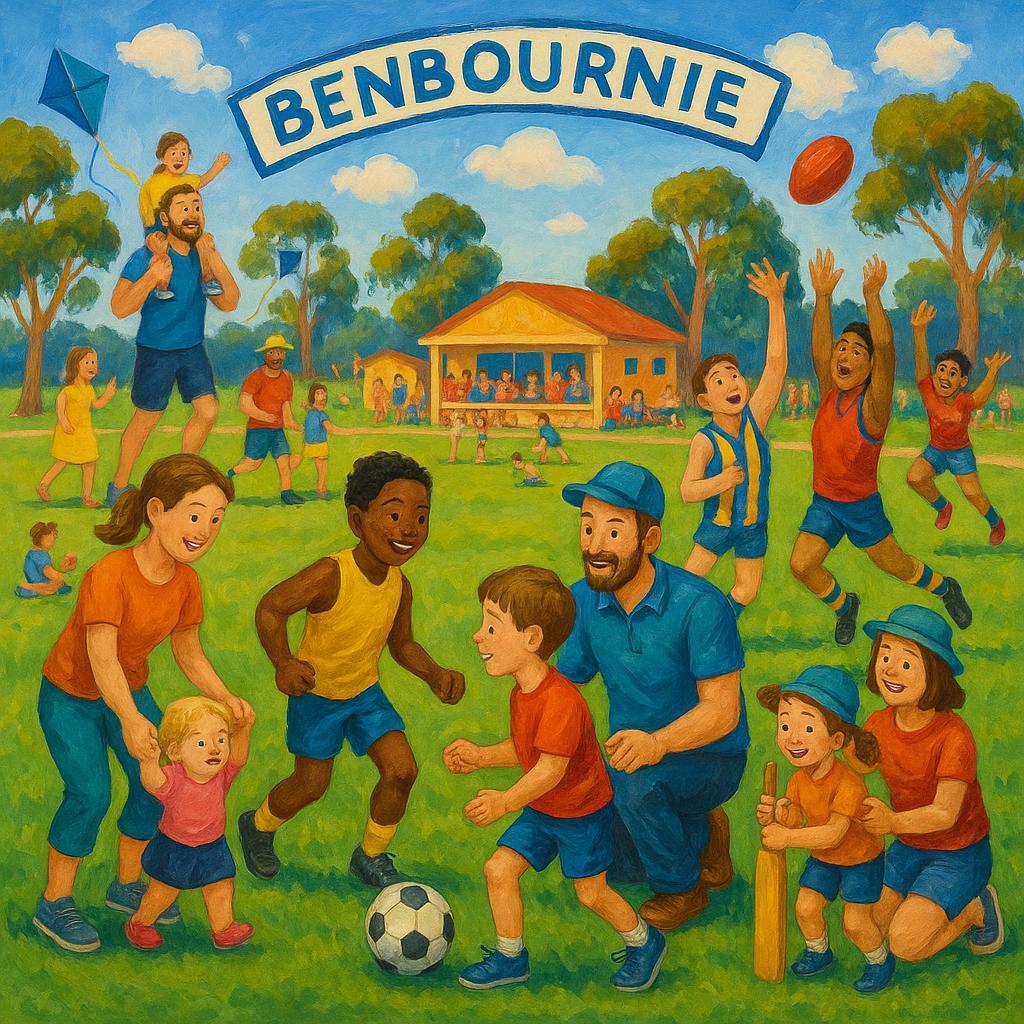 Community sports oval in Benbournie with families