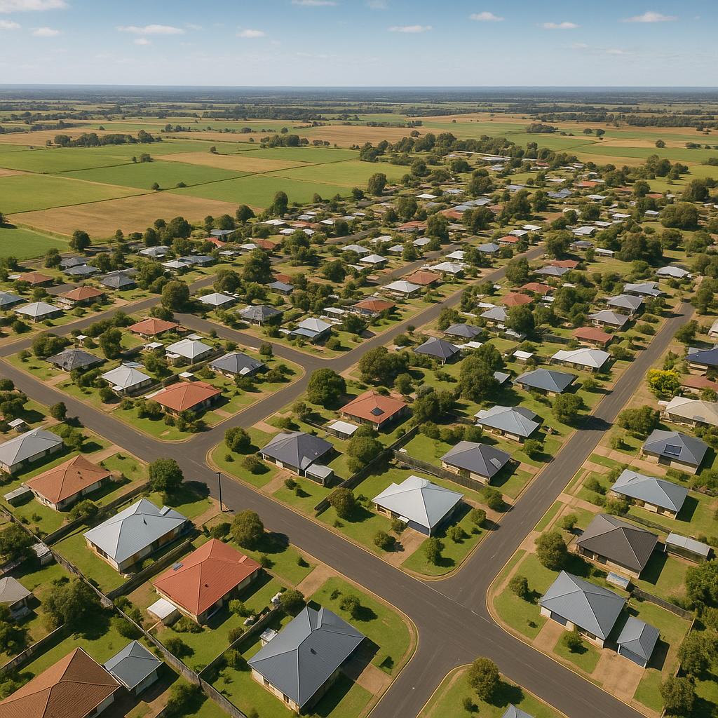 Aerial view of Benger showing residential areas and parks.