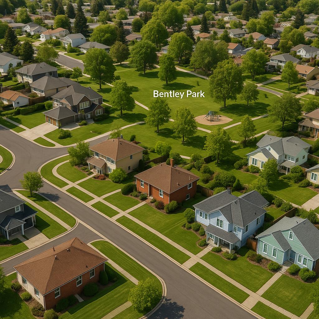 Aerial view of Bentley, depicting housing and greenery