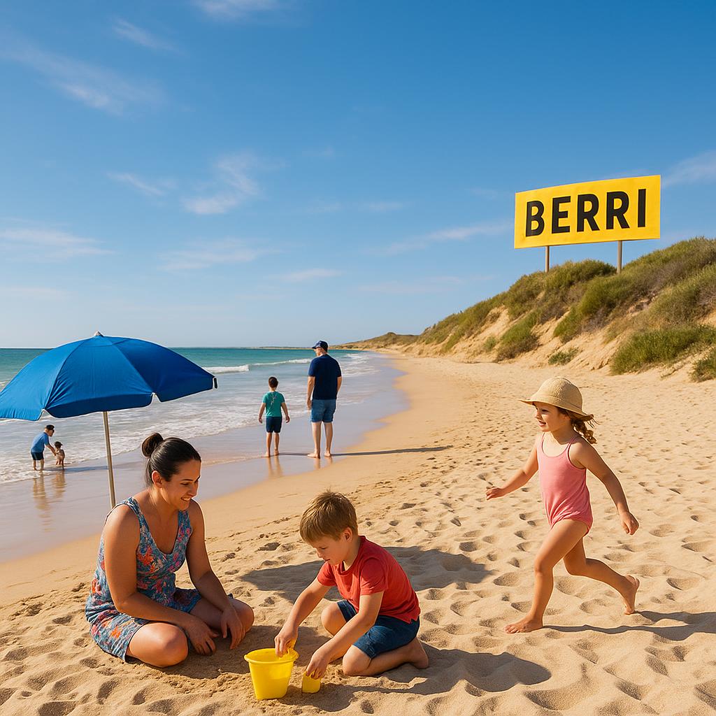 Beach scene in Berri, families having fun