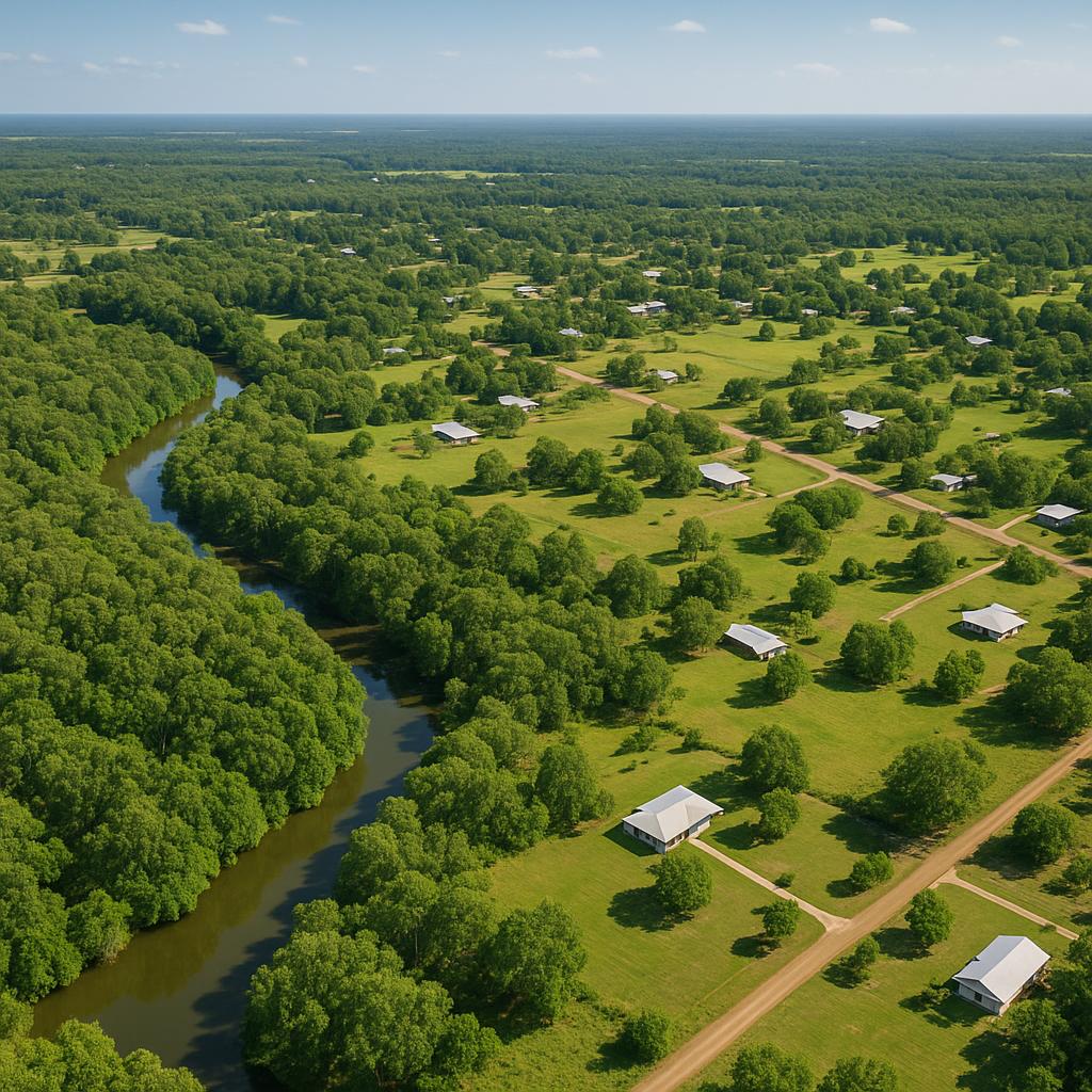 Aerial view of Berry Springs, showing green landscapes and homes