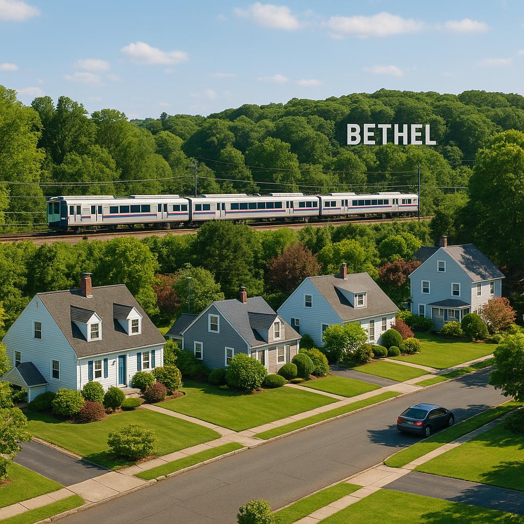 Suburban view of Bethel with homes and metro transport