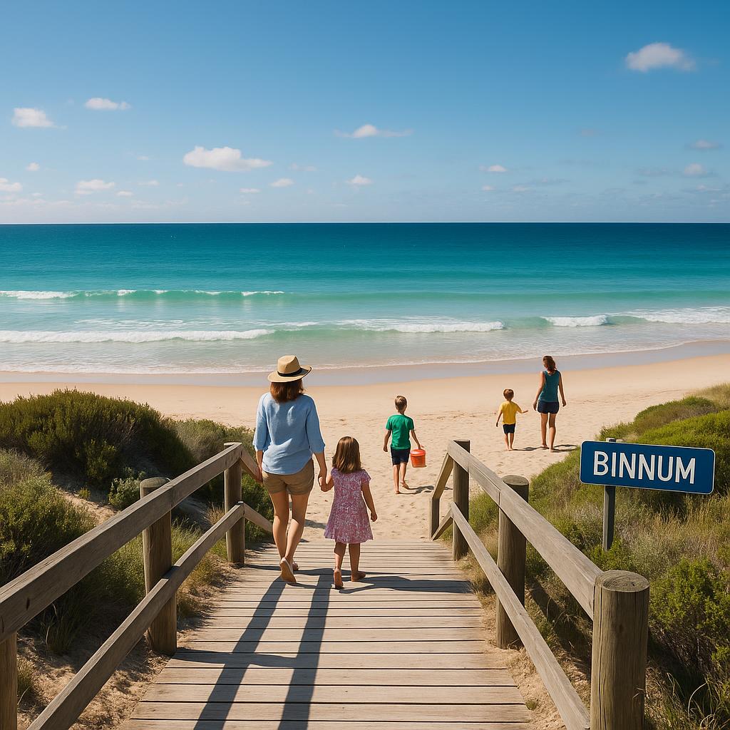 Binnum beach view with families