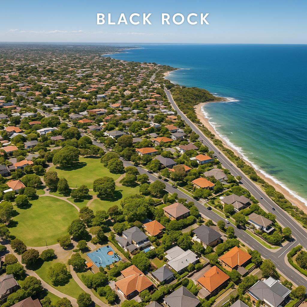 Aerial view of Black Rock, showing its vibrant coastal community and parks.