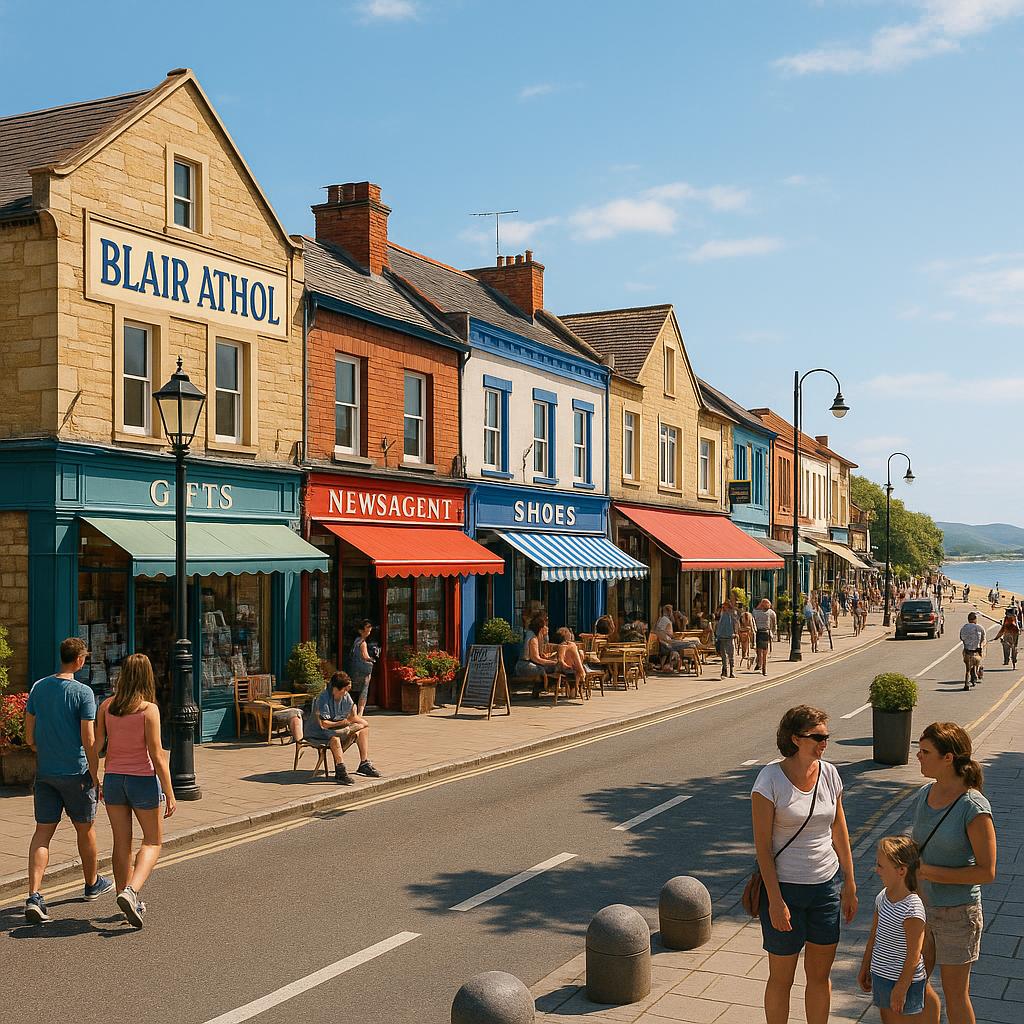 Blair Athol main street featuring local shops and bustling activity.