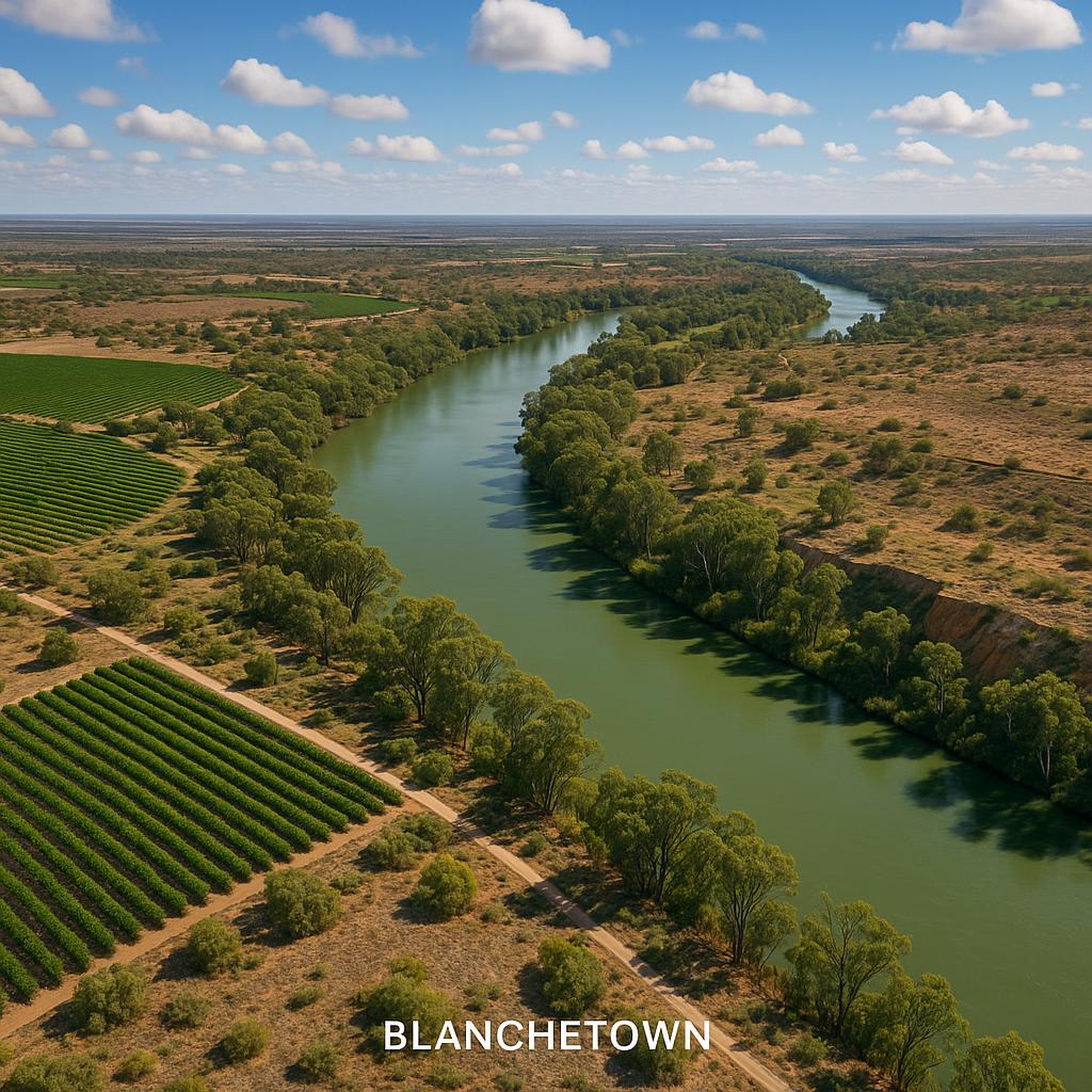 Scenic view of Blanchetown's green belts and river.