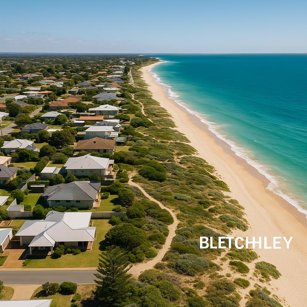 Aerial view of Bletchley showcasing beach and residential areas