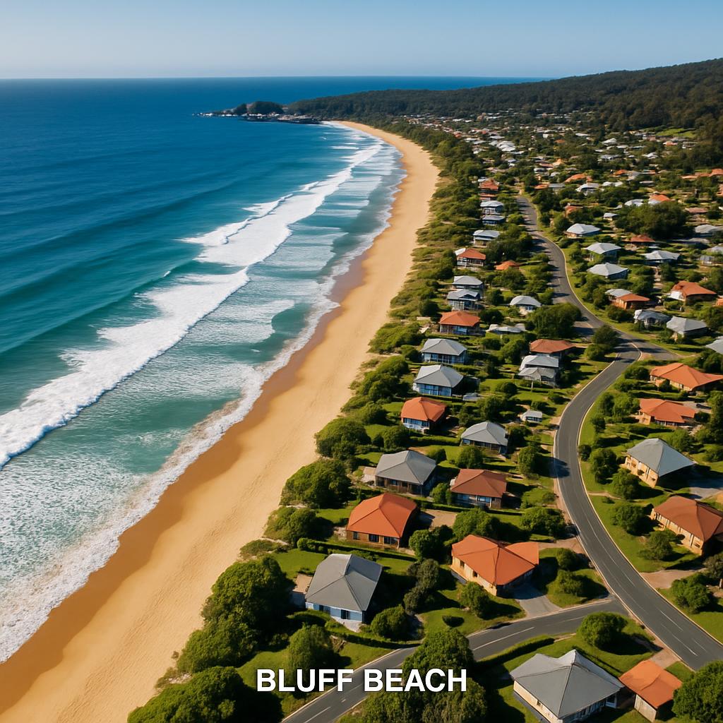Overview of Bluff Beach with coastline and homes