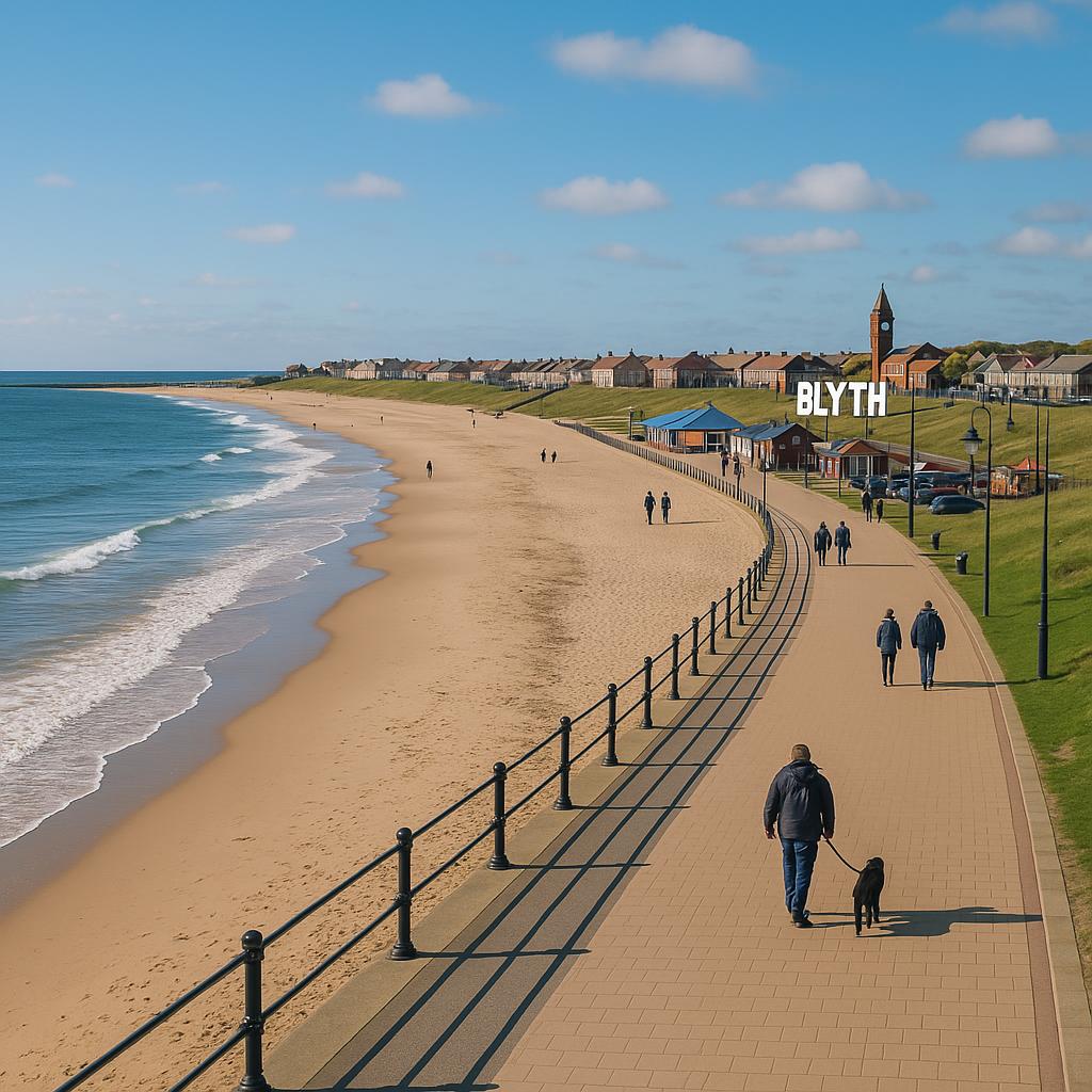 Coastal view of Blyth beach with walking paths