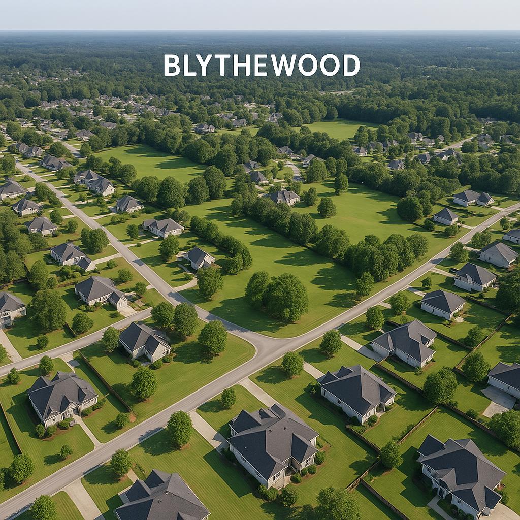 Aerial view of Blythewood showing homes and parks