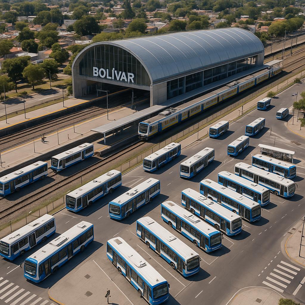 Transport hub in Bolivar with buses and trains.