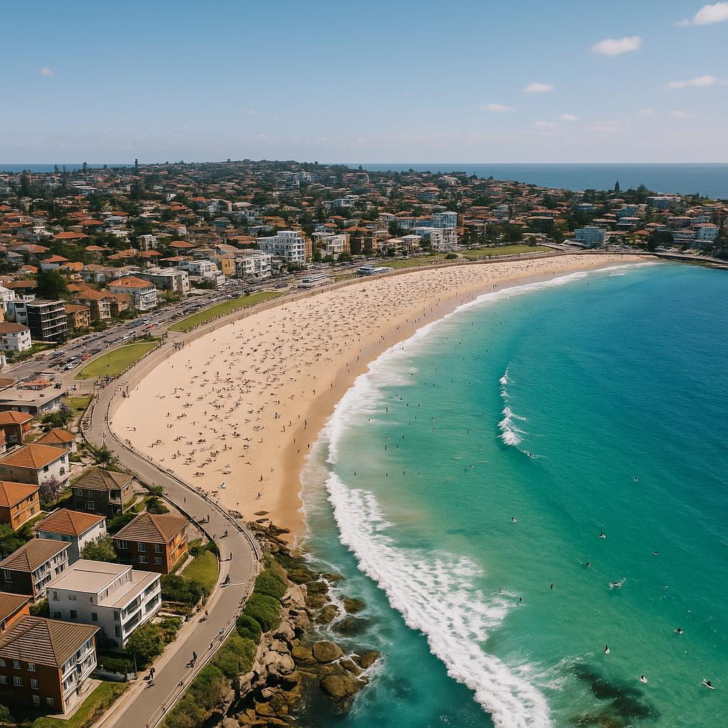Aerial view of Bondi Beach with properties and ocean.