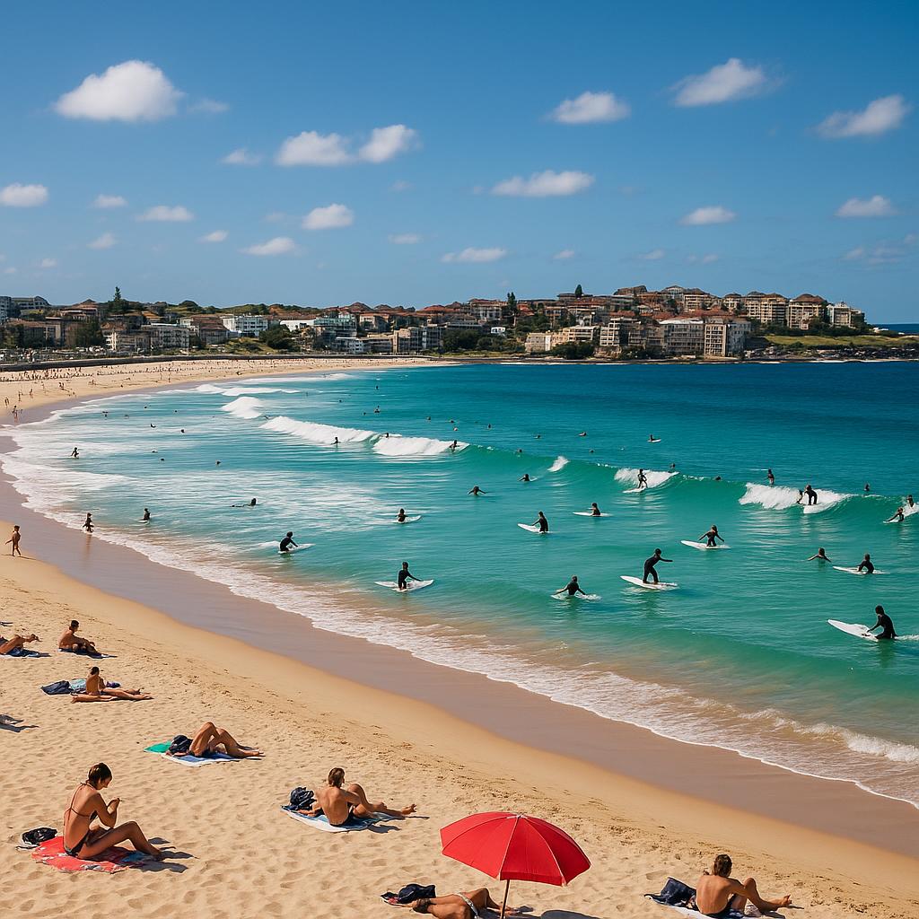 Scenic view of Bondi Beach with surfers and sunbathers.