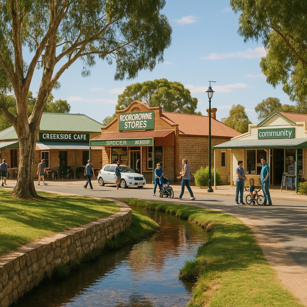 A vibrant shopping strip in Booborowie with local stores and greenery.