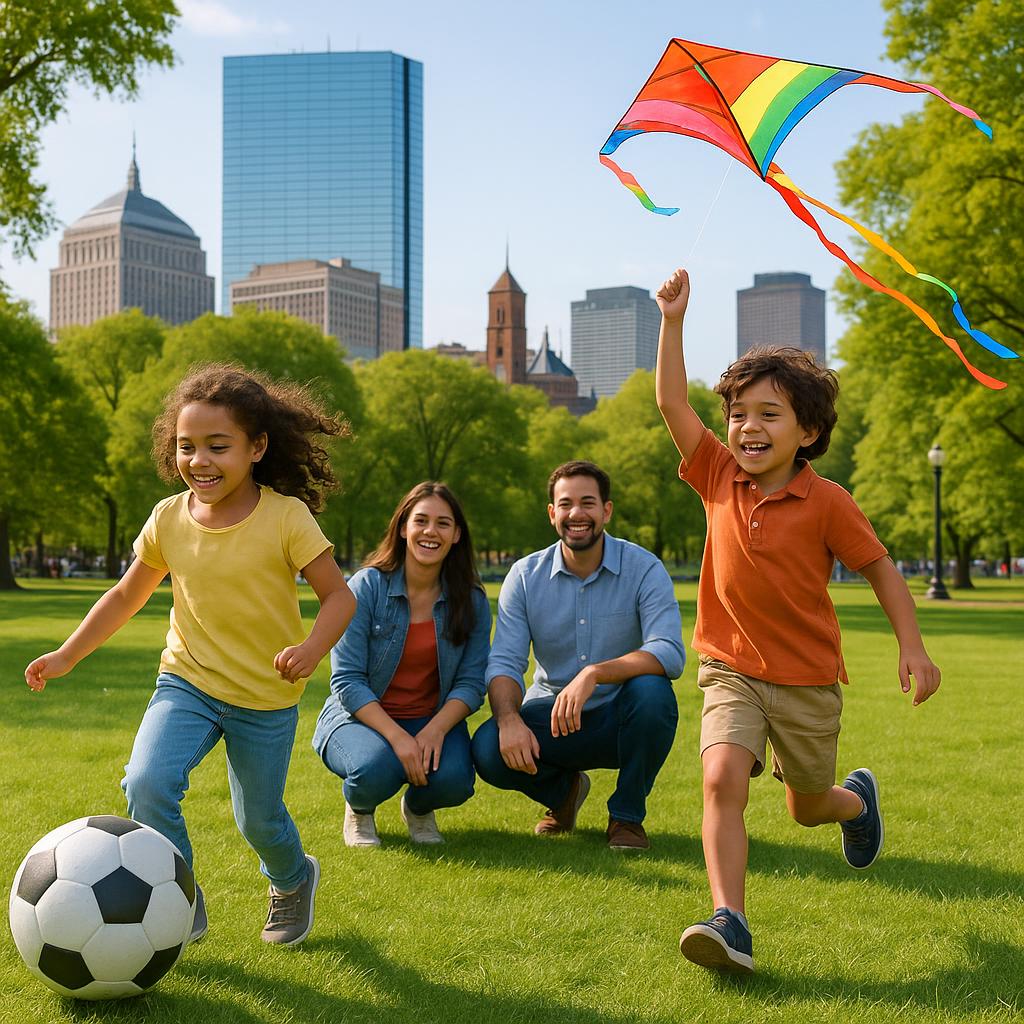 Family enjoying a sunny day in Boston park.