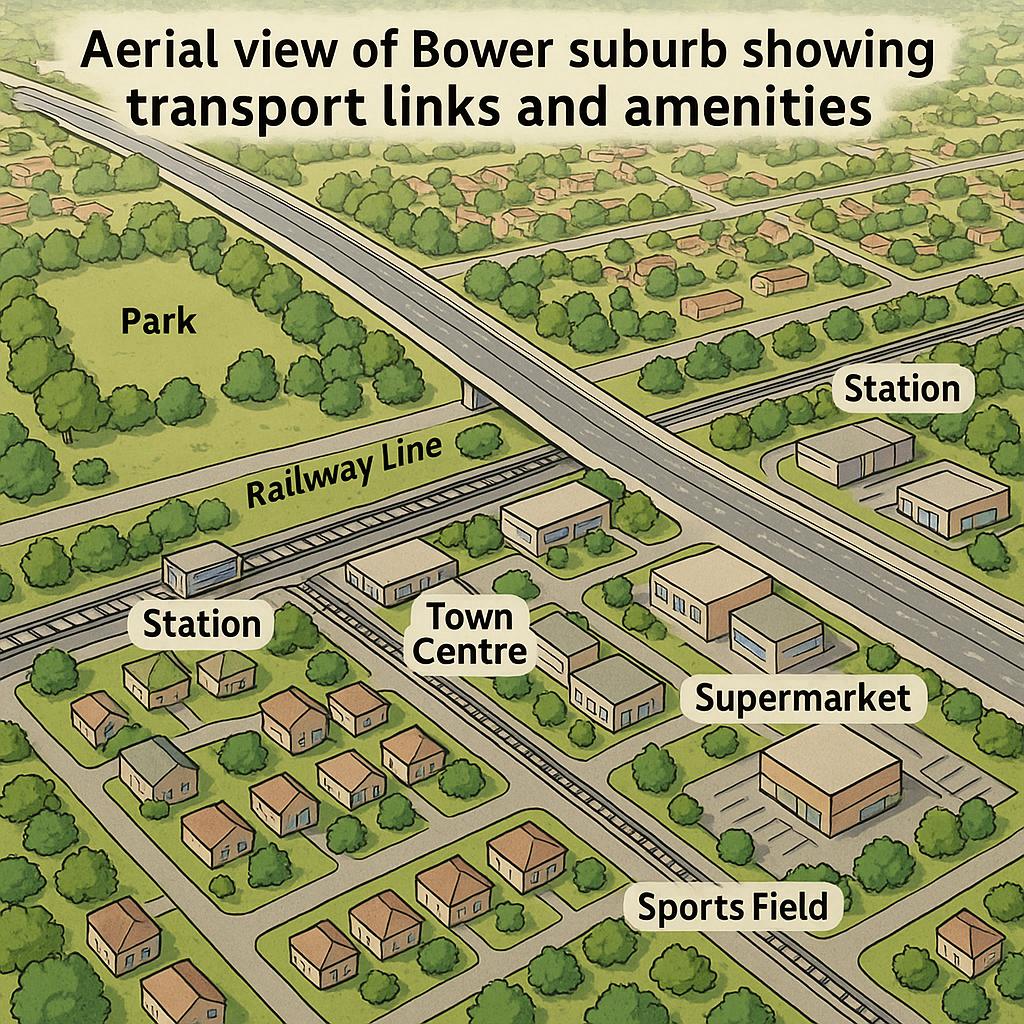 Aerial view of Bower suburb showcasing transport connectivity