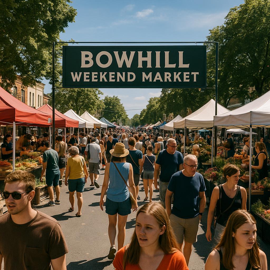 Busy Bowhill weekend market with people and goods