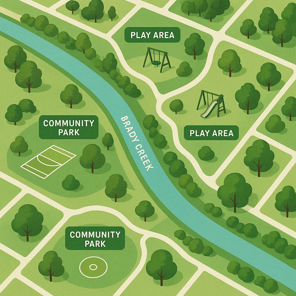 Aerial view of Brady Creek's parks and community spaces