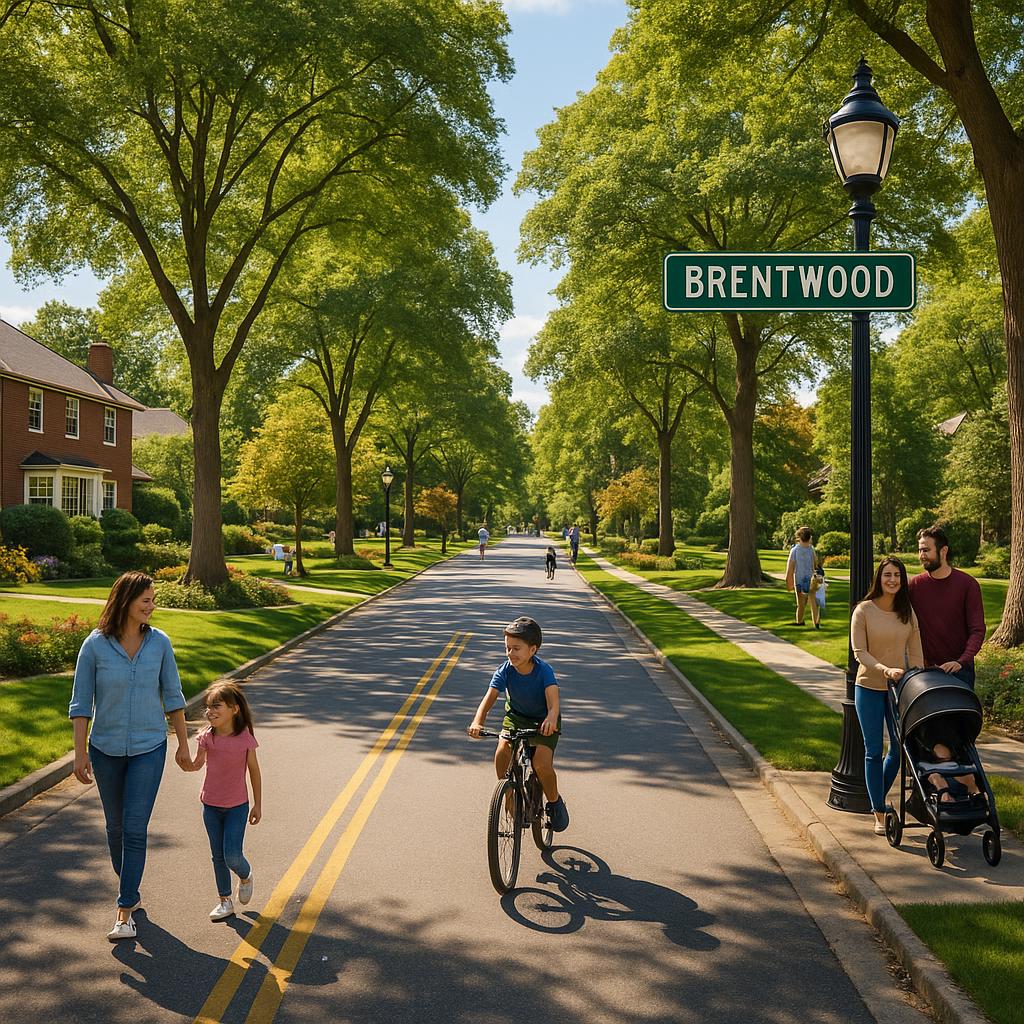 Brentwood scenic street with families enjoying green spaces