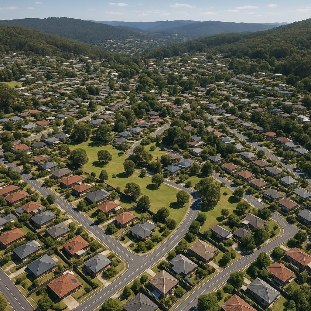 Panoramic view of Bridgewater, Tasmania, highlighting homes and nature
