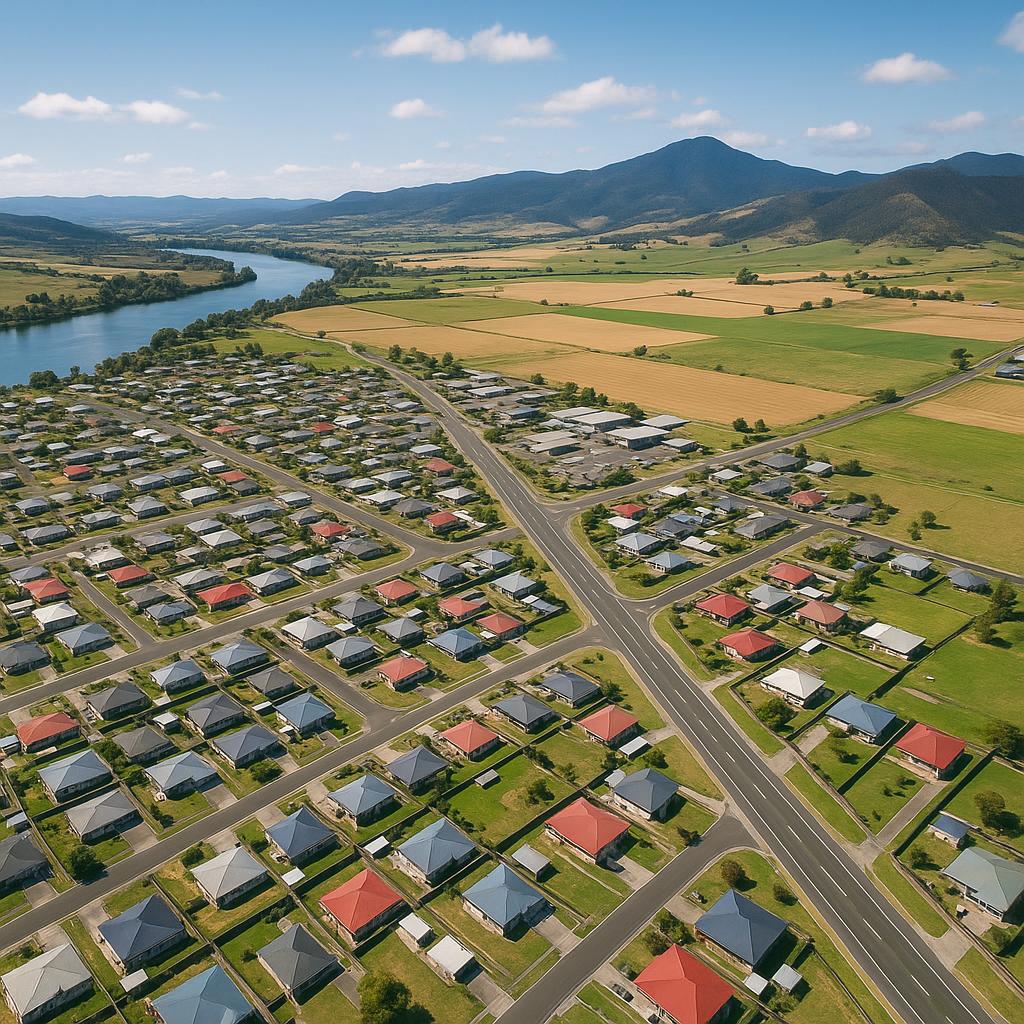 Aerial view of Brighton with suburban homes and green spaces.