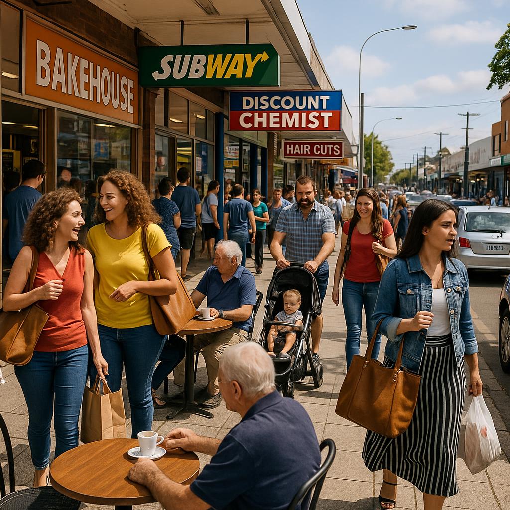 Vibrant shopping strip in Brooker with cafes and shops