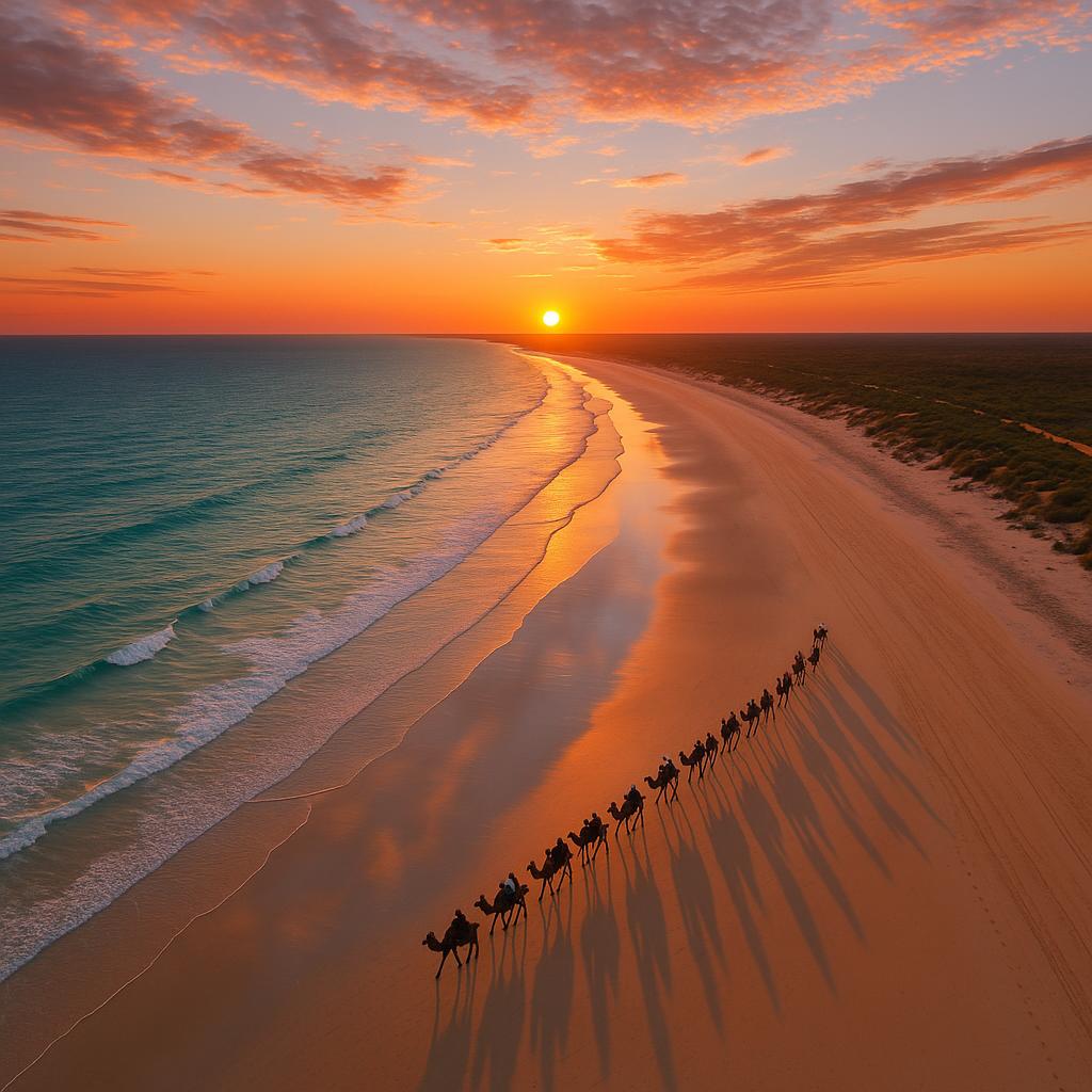 Aerial view of Cable Beach in Broome at sunset