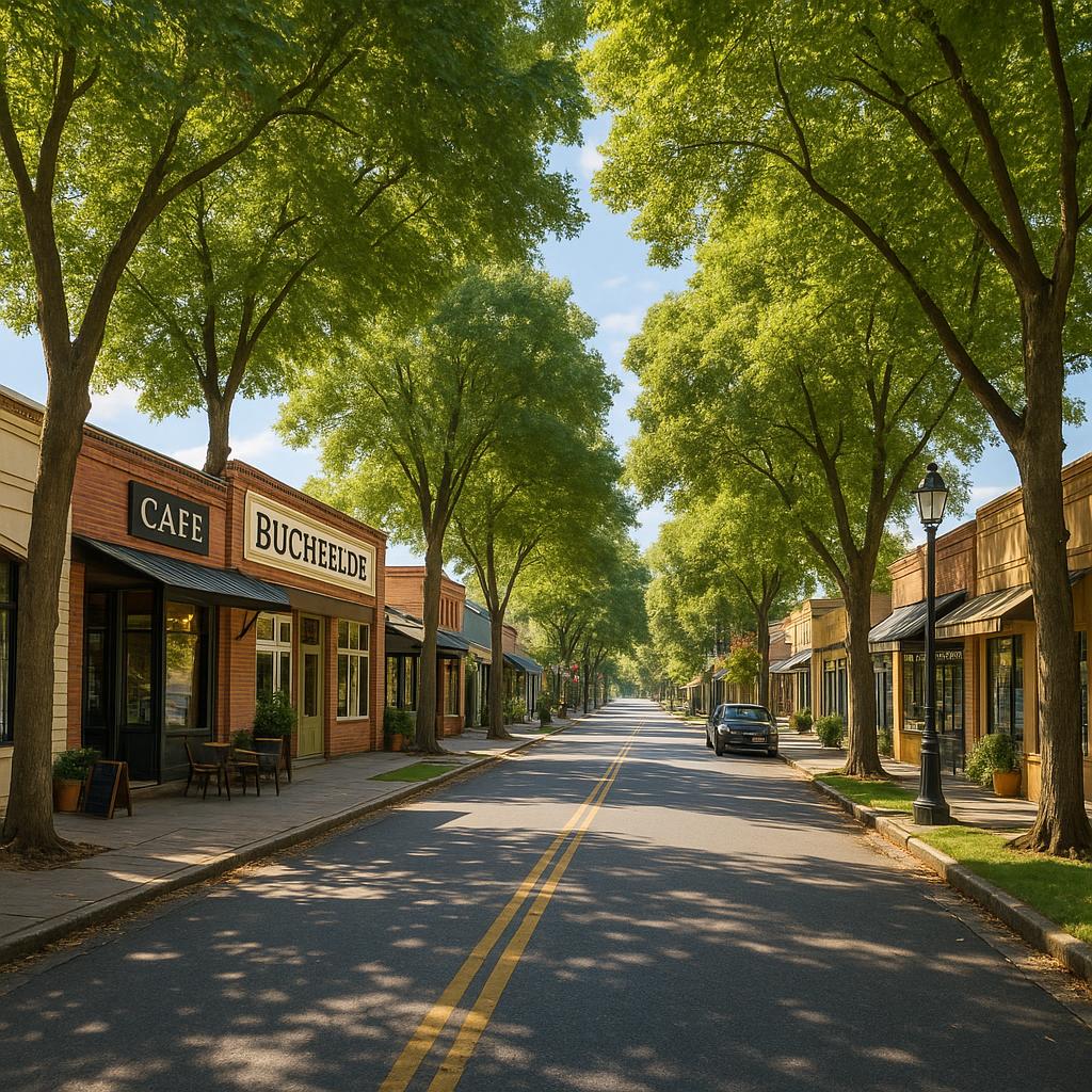 Buchfelde's main street with local shops and trees