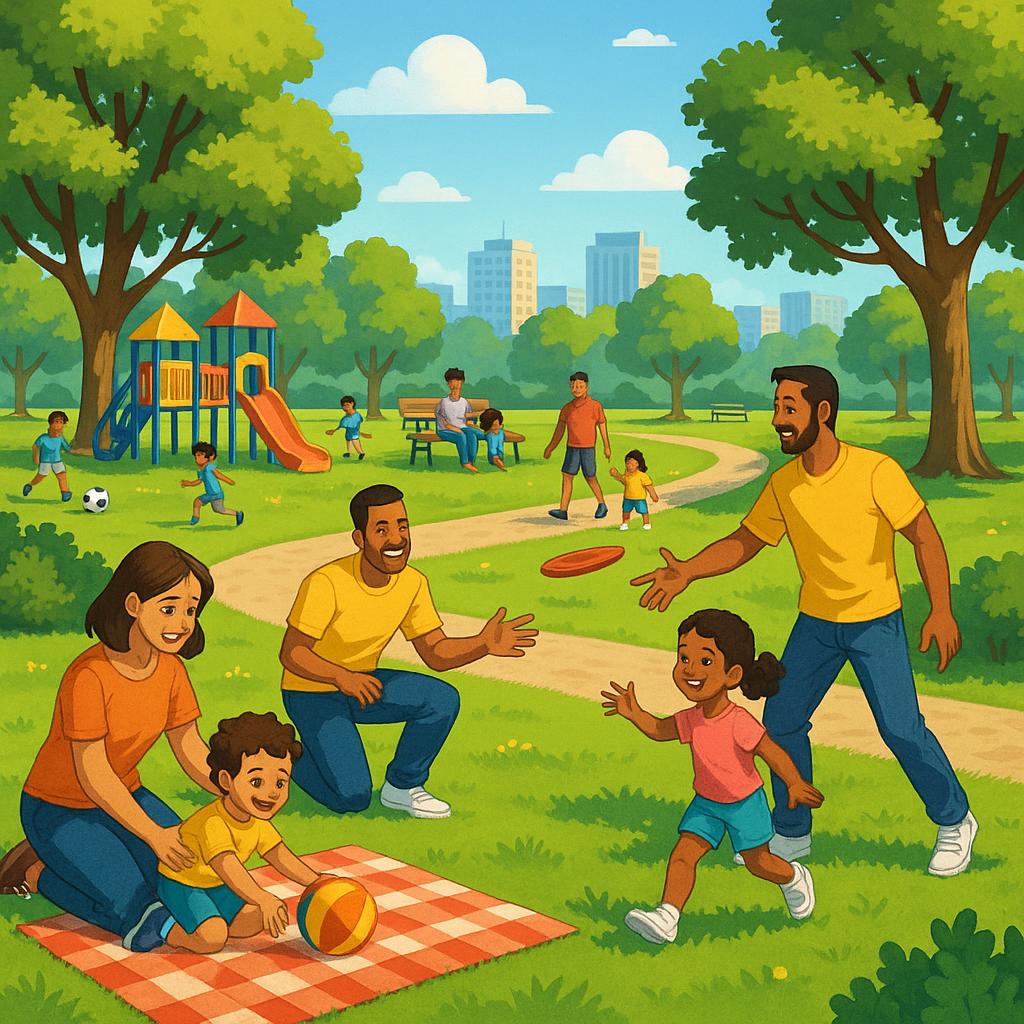 A lively park in Bugle Hut with families and children at play