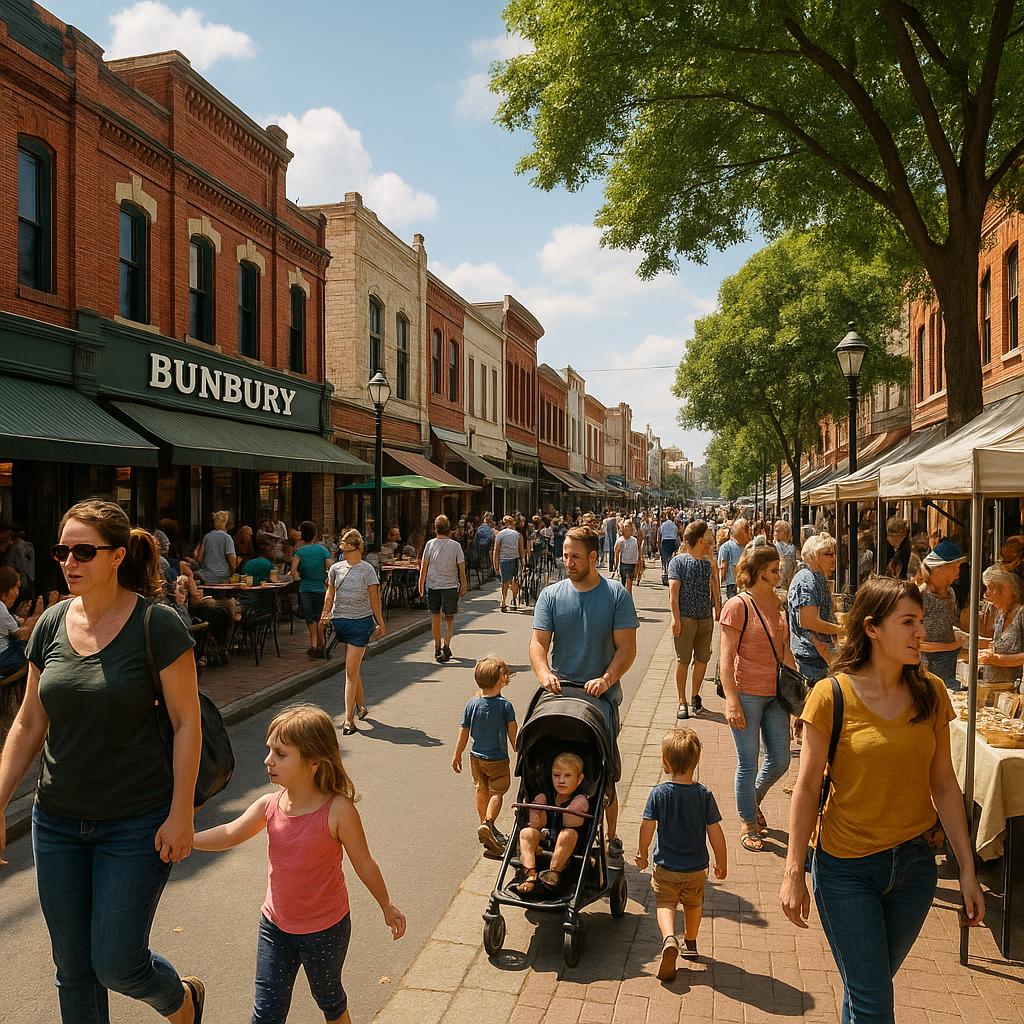 Bunbury's community main street with shops and families.