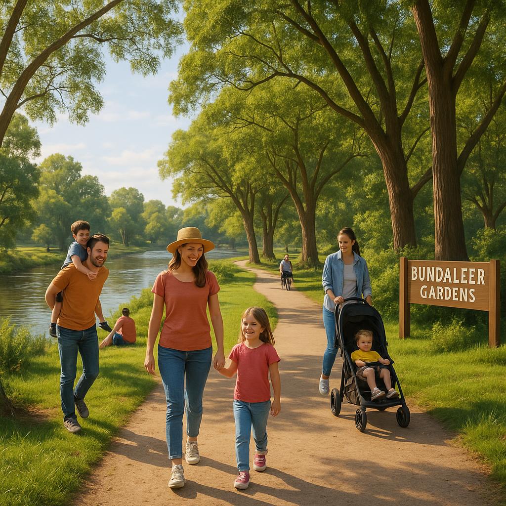 Families walking along Bundaleer Gardens riverbank paths