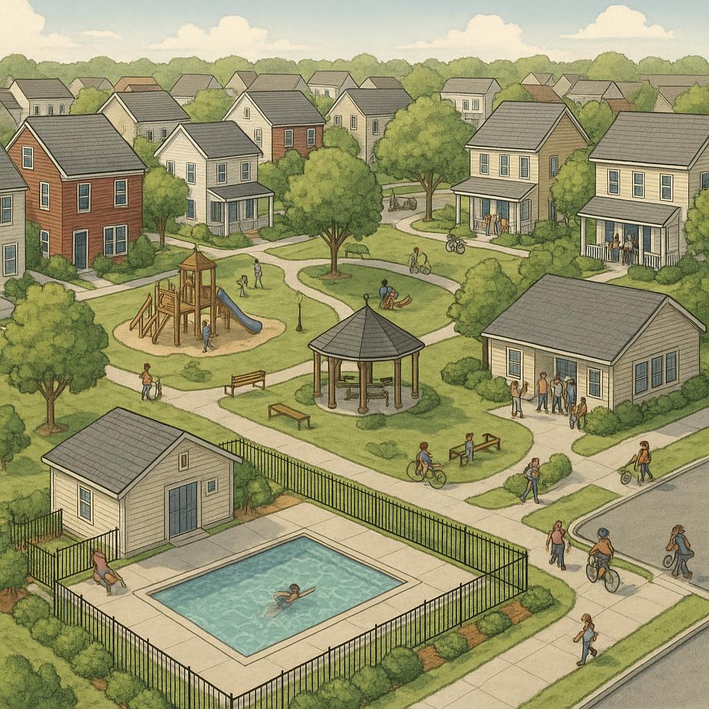 A charming village-like street in Bundey with shops and parks.