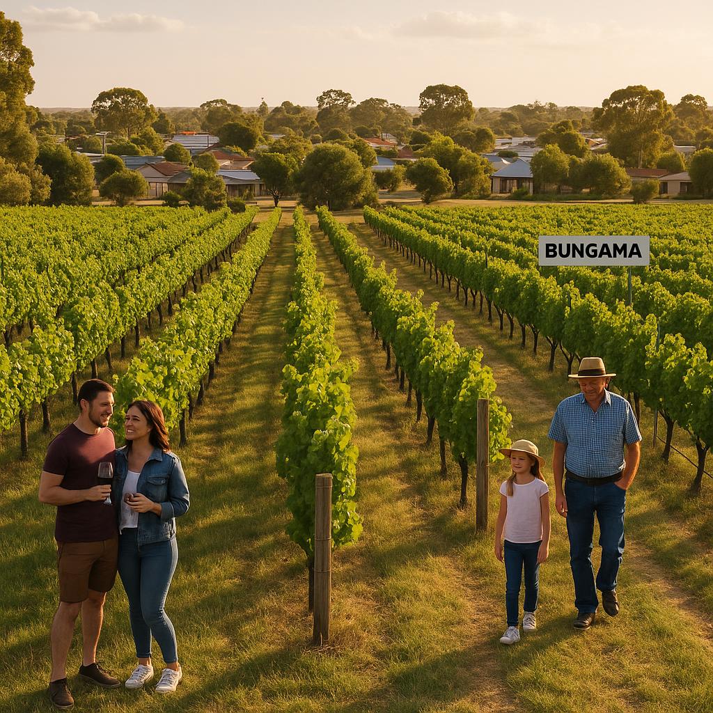 Aerial view of Bungama vineyards and surrounding residential area