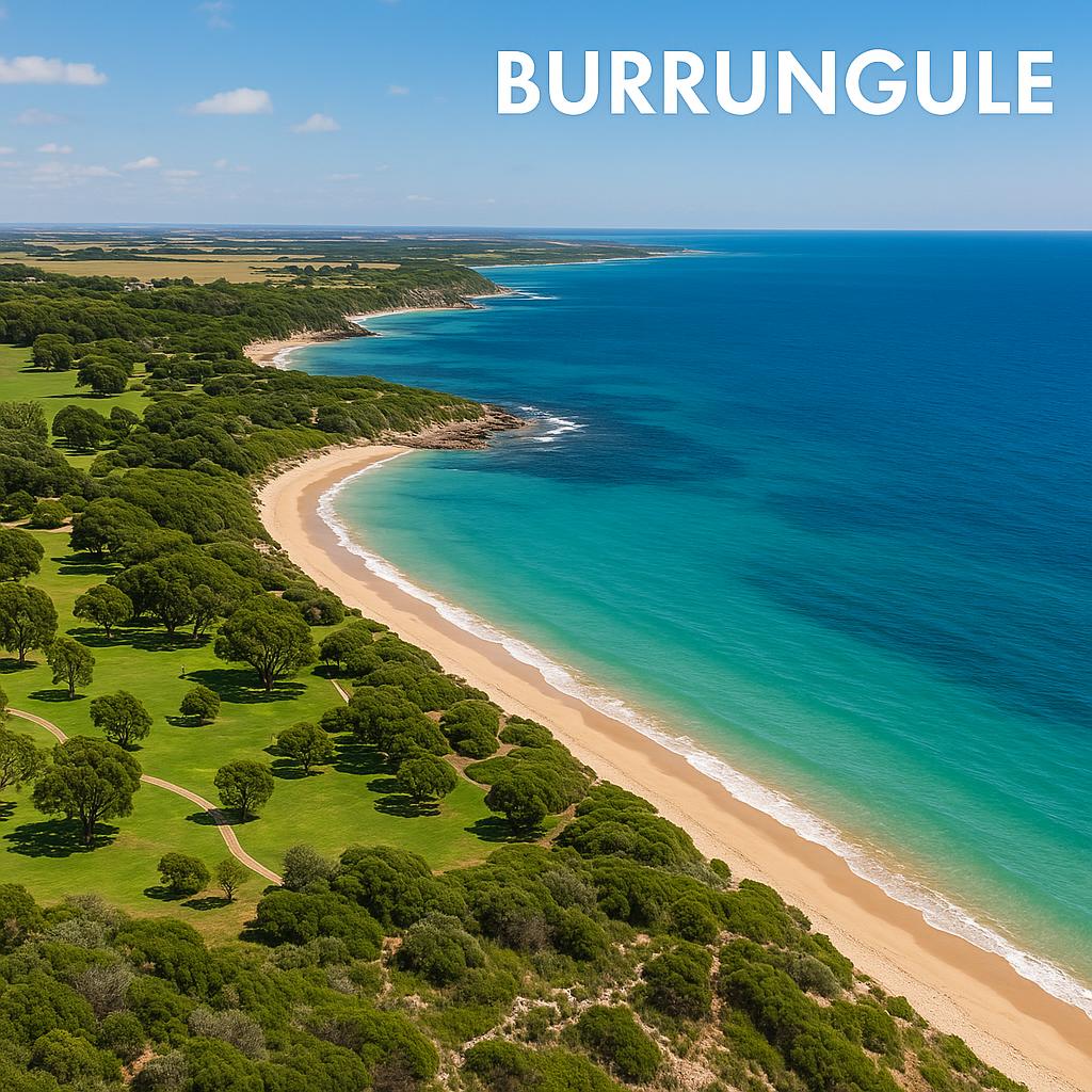 Scenic coastal view from Burrungule highlighting family-friendly parks.