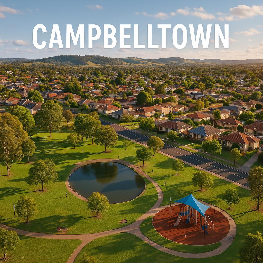 A scenic view of Campbelltown's parks and residences.