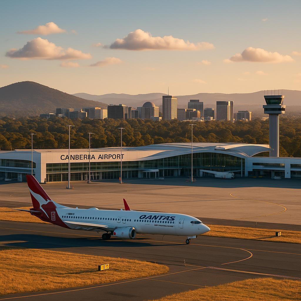 Scenic view of Canberra Airport with surrounding landscape