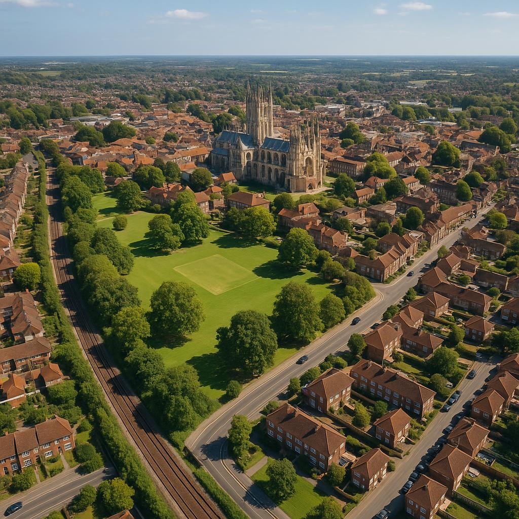 Aerial view of Canterbury suburb highlighting transport and green spaces