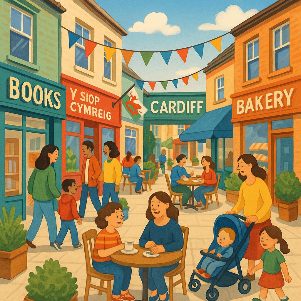 Shopping precinct in Cardiff with local shops and families.