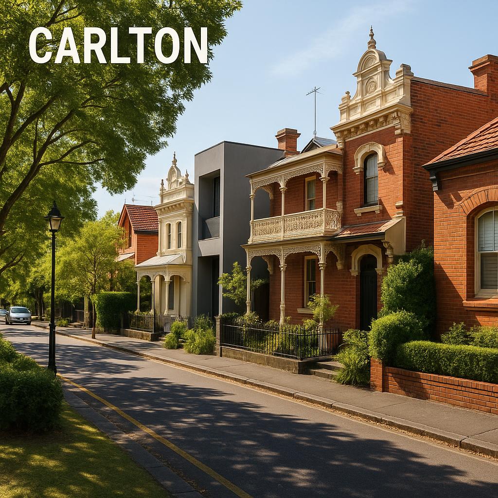Scenic view of Carlton housing with trees