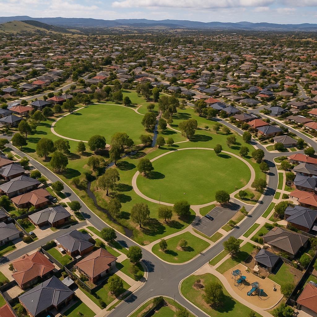 Aerial view of Casey, ACT showing houses and parks