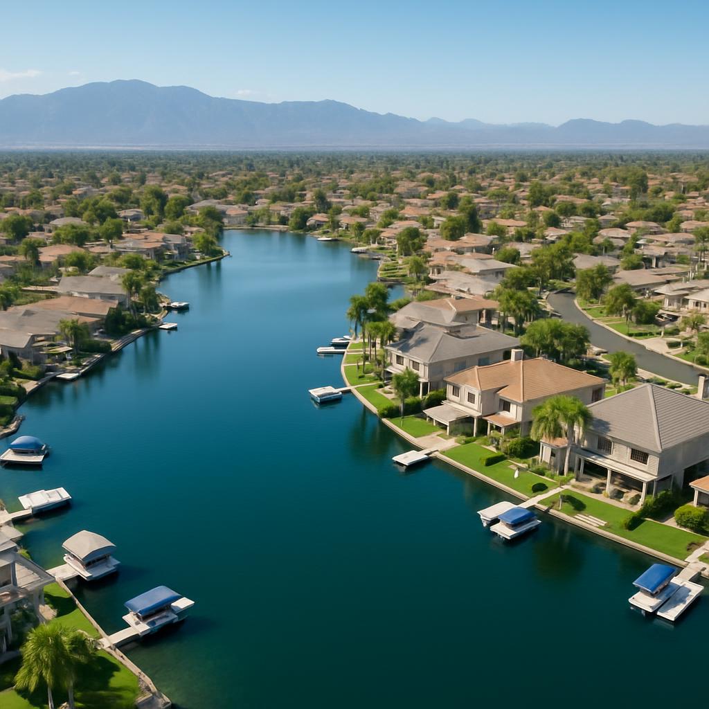 Aerial view showcasing Chaffey's scenic waterfront locations.