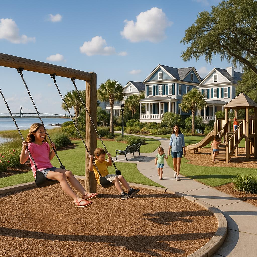 A sunny day in Charleston with families enjoying parks and beaches