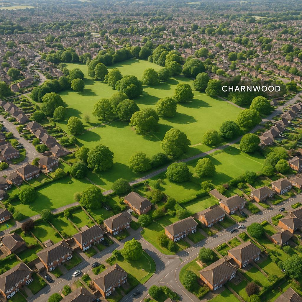 Aerial view of Charnwood, showcasing homes and parks.