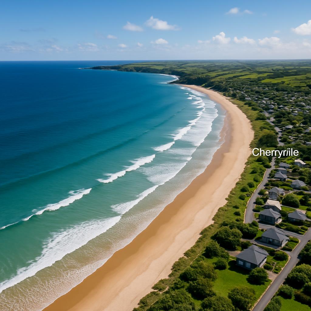 Aerial view showcasing Cherryville’s beautiful coastline.