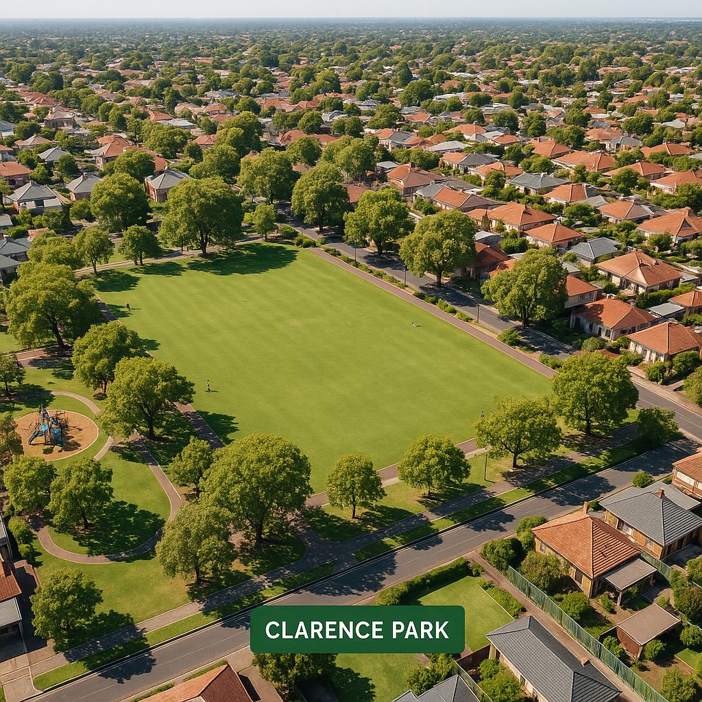 Aerial view of Clarence Park, highlighting parks and homes.