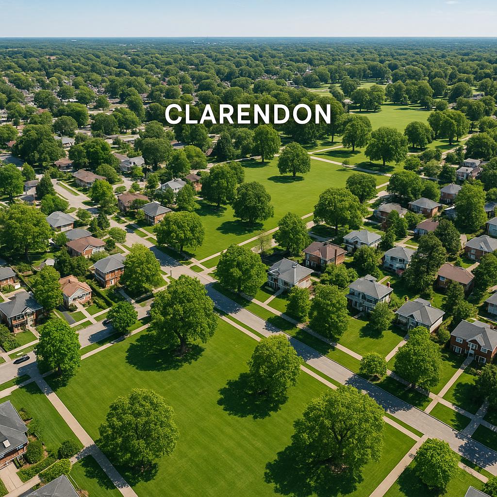 Aerial view of Clarendon showing parks and homes.