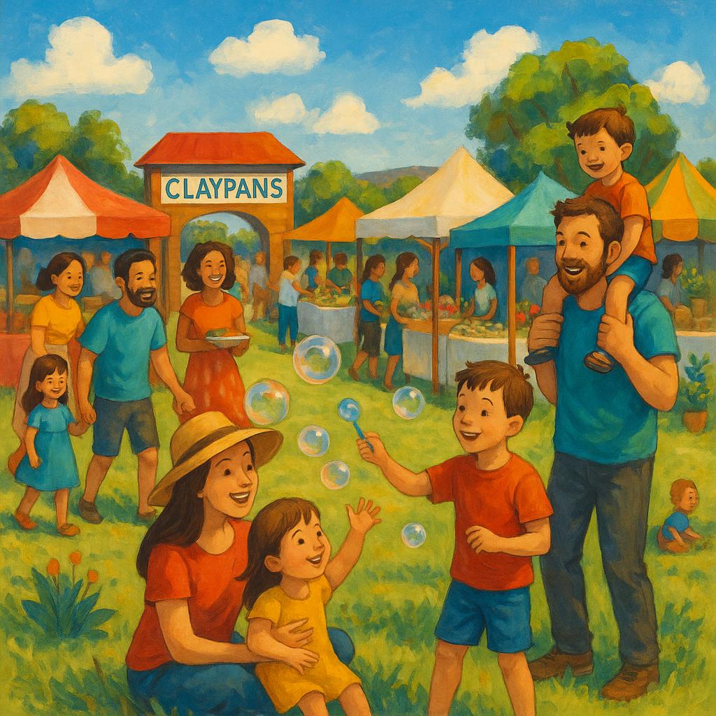 Community event in Claypans with families and market stalls